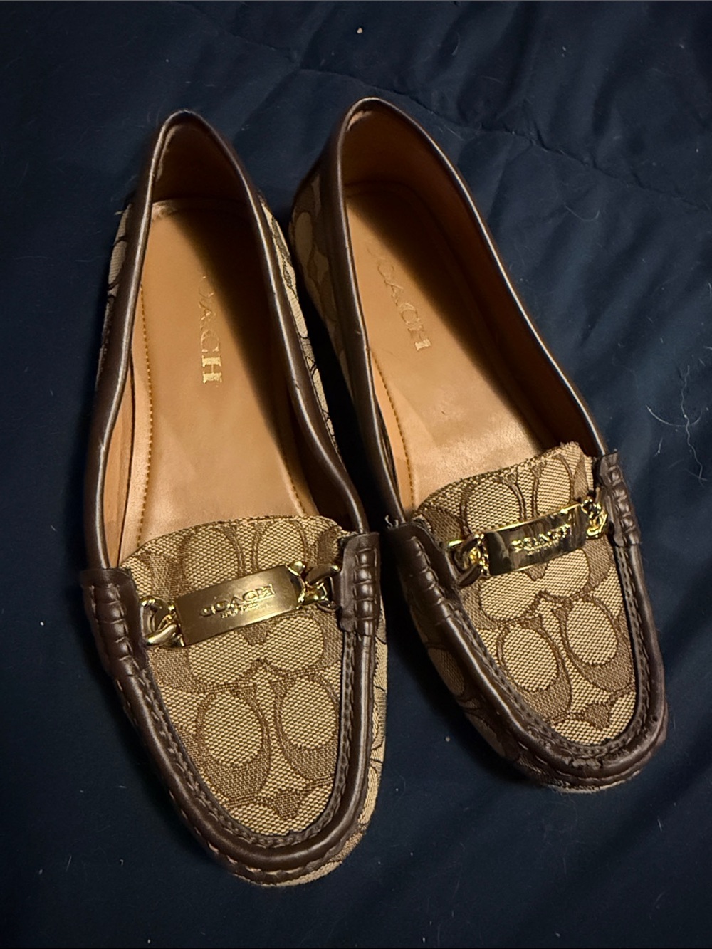 Coach Brown Signature Canvas & Dark Brown Leather Loafers with Gold Hardware